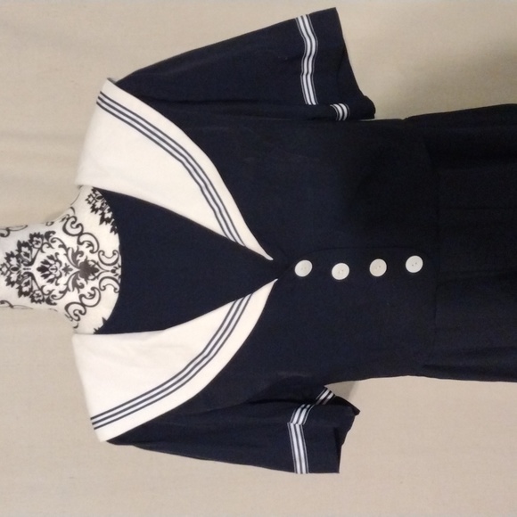 Vintage 80's 90's J.B.S. LTD Navy Blue Sailor Inspired Midi Dress USA Made - Picture 9 of 14